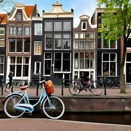 Home 22 **
"Scenic view of Amsterdam canals with tourists enjoying the sights. Focus on the beauty of the architecture and the lively atmosphere. Include a classic Dutch bicycle."
**