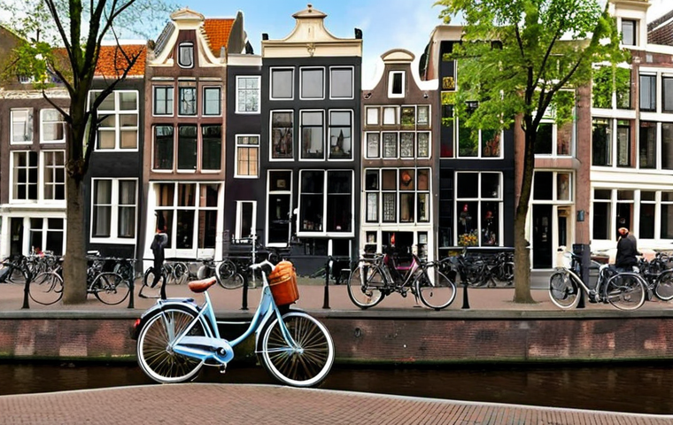**

"Scenic view of Amsterdam canals with tourists enjoying the sights. Focus on the beauty of the architecture and the lively atmosphere. Include a classic Dutch bicycle."

**