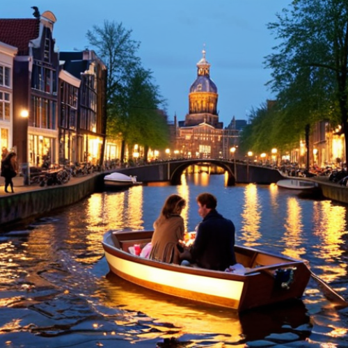 Home 21 **
Prompt: A couple on a small private boat, enjoying a picnic with Dutch cheese and sparkling wine, cruising through the illuminated canals of Amsterdam at dusk. Soft, romantic lighting, reflection of city lights on the water, intimate atmosphere.
**