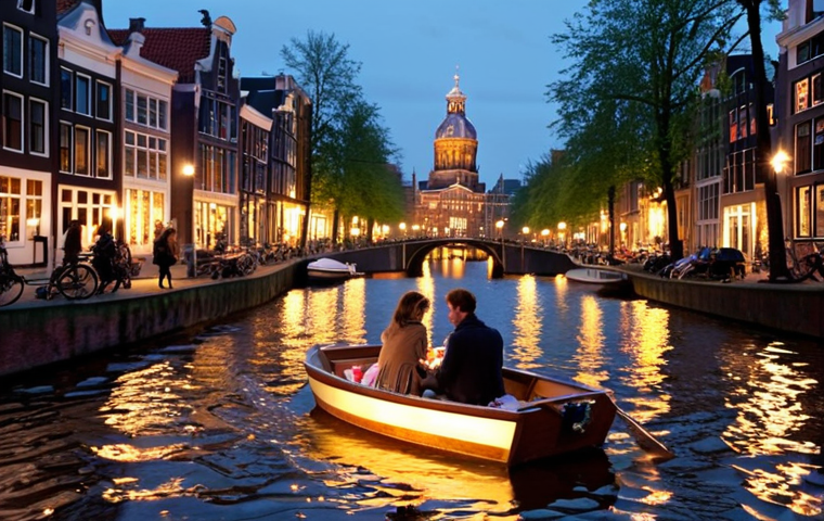 **

Prompt: A couple on a small private boat, enjoying a picnic with Dutch cheese and sparkling wine, cruising through the illuminated canals of Amsterdam at dusk. Soft, romantic lighting, reflection of city lights on the water, intimate atmosphere.

**