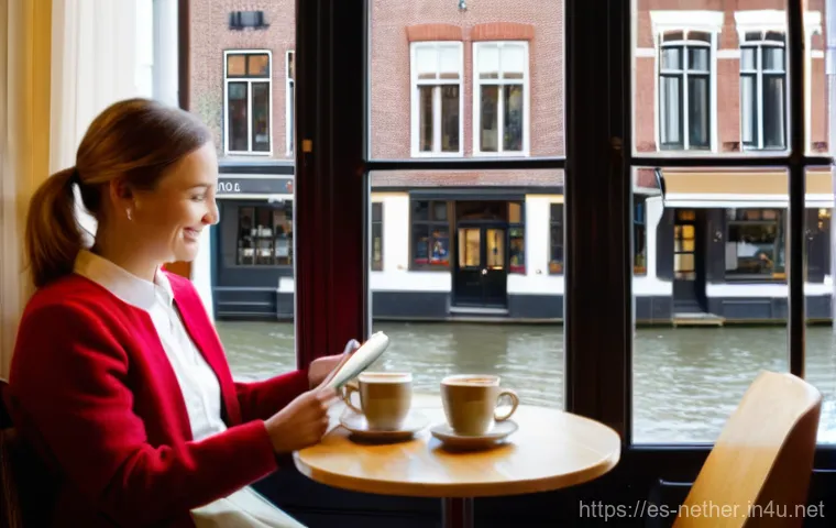 네덜란드에서 인기 있는 웰빙 스팟 - **"Gezelligheid" Cafe Scene:**
A warm and inviting indoor scene set in a quaint Dutch cafe, embo...