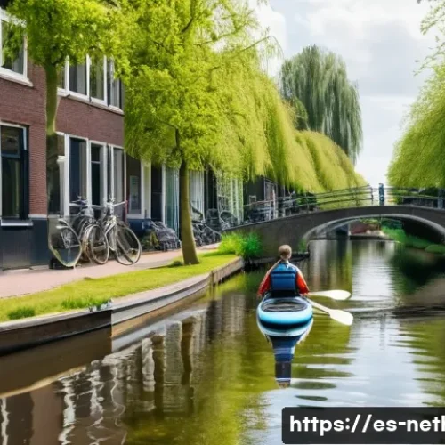 Home 27 네덜란드에서 즐길 수 있는 워터스포츠 - A serene scene of a person paddle surfing on a calm Dutch canal near Amsterdam, surrounded by lush g...