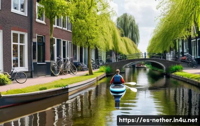네덜란드에서 즐길 수 있는 워터스포츠 - A serene scene of a person paddle surfing on a calm Dutch canal near Amsterdam, surrounded by lush g...