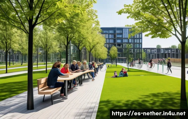 네덜란드에서 일어난 유명 사건사고 - A vibrant urban park in the Netherlands redesigned after severe flooding, featuring modern flood bar...