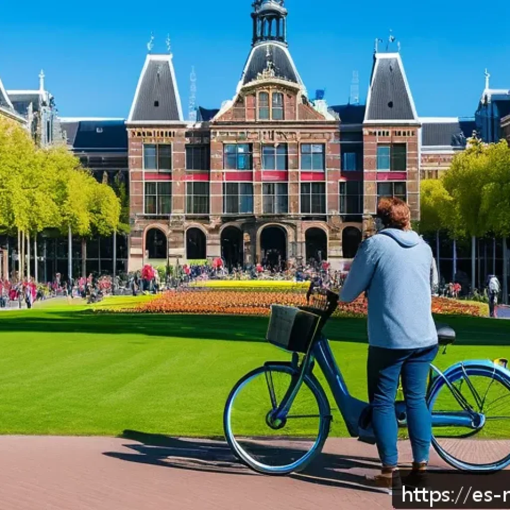 암스테르담 뮤지엄 패스 혜택 - A vibrant scene of diverse tourists exploring the Museumplein in Amsterdam on a bright day, with ico...