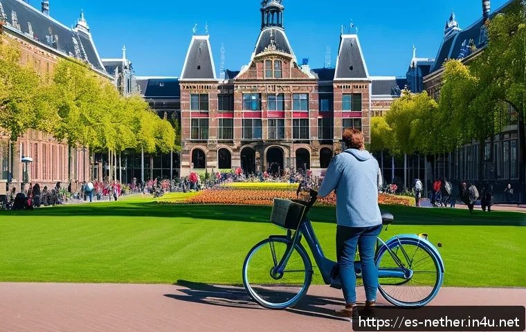 암스테르담 뮤지엄 패스 혜택 - A vibrant scene of diverse tourists exploring the Museumplein in Amsterdam on a bright day, with ico...