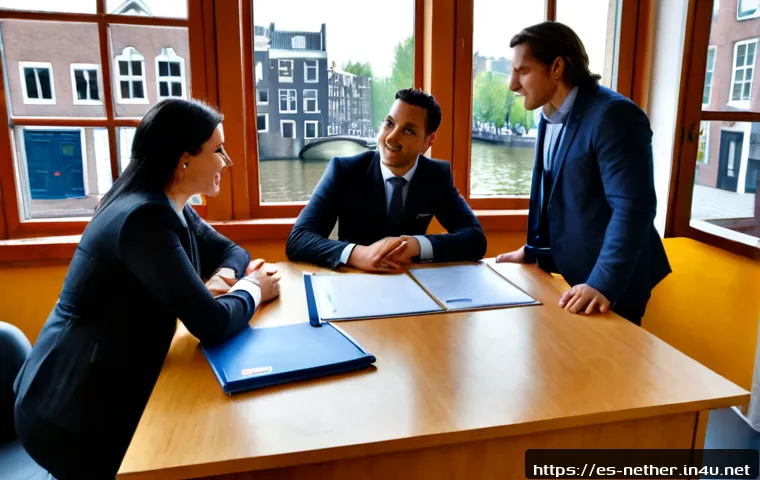 Home 15 네덜란드의 실업률과 경제 전망 - Photorealistic Dutch employment office scene in Amsterdam, a diverse group of professionally dressed...