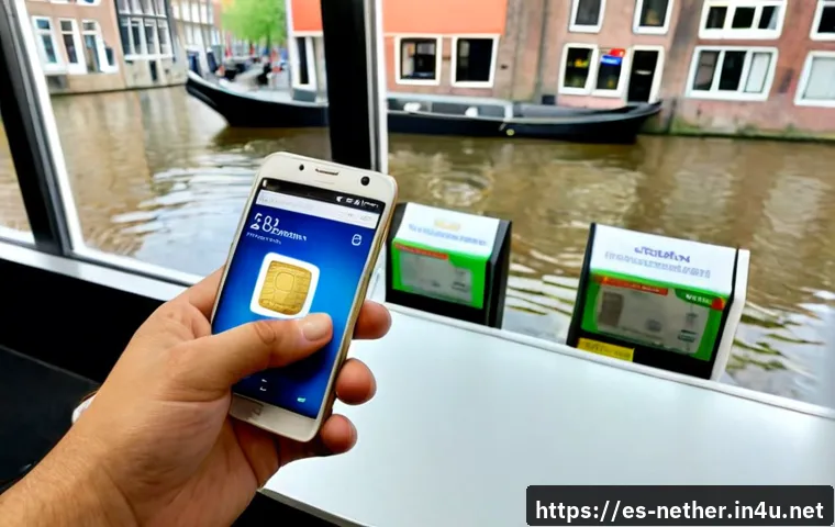 Home 16 네덜란드에서 모바일 유심카드 구매 방법 - Photorealistic travel scene inside a clean Dutch mobile phone shop, Spanish-speaking tourist at a si...